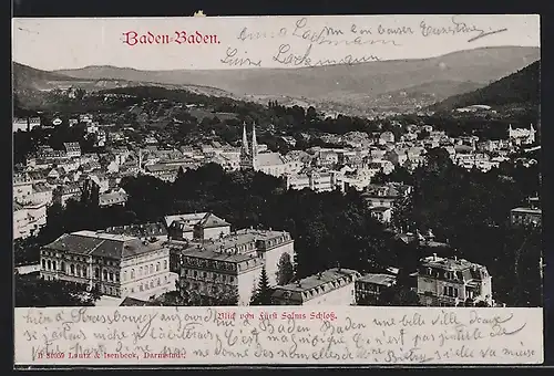 AK Baden-Baden, Blick vom Fürst Solms Schloss in die Stadt mit Kirche