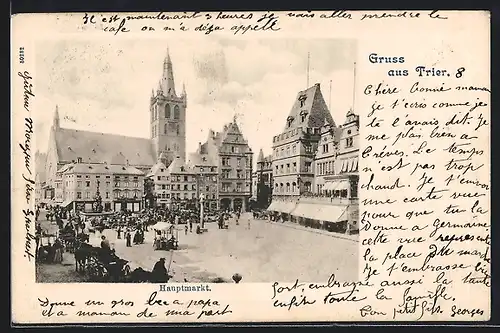 AK Trier, Hauptmarkt am Tage mit Pferdewagen