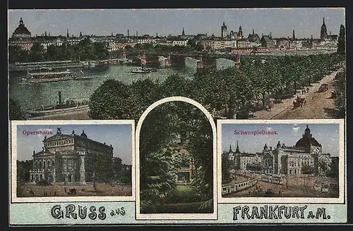 AK Frankfurt a. M., Flusspartie, Opernhaus und Schauspielhaus