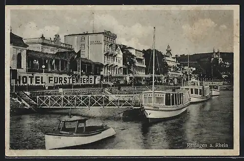 AK Remagen, Hotel Fürstenberg, Schiffe an Anlegestelle