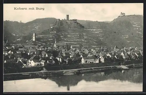 AK Kobern, Ortsansicht über den Fluss mit Burg und Bergen