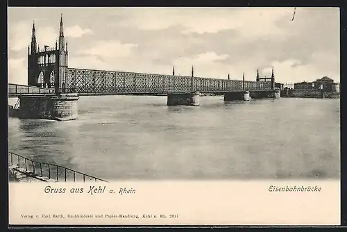 AK Kehl a. Rhein, Flusspartie mit Eisenbahnbrücke