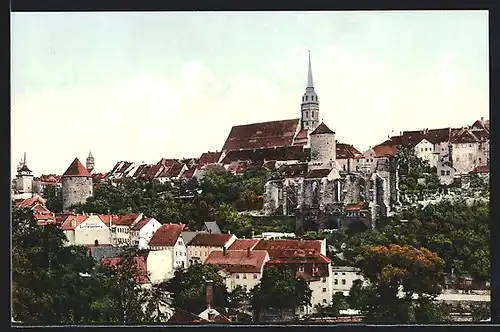 AK Bautzen, Kirche und Burg, Panorama vom Schützenhaus gesehen