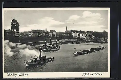 AK Duisburg-Ruhrort, Flusspartie mit Dampfer