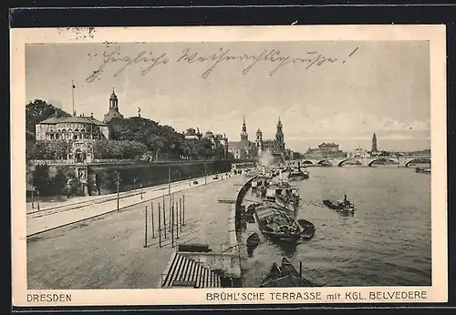 AK Dresden, Brühl'sche Terrasse mit kgl. Belverde, Flusspartie