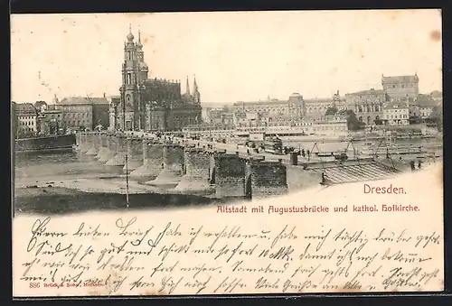 AK Dresden, Altstadt mit Augustbrücke und kathol. Kirche