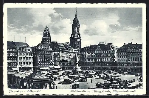 AK Dresden, Altmarkt, Rathausturm, Kreuzkirche und Siegesdenkmal