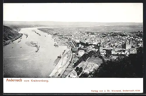 AK Andernach, Ortsansicht aus der Vogelschau mit Fluss und Dampfschiffen