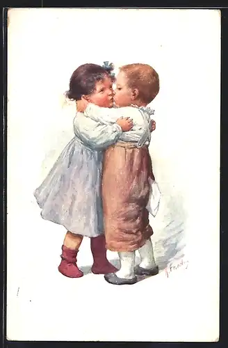 Künstler-AK Karl Feiertag: Kleiner Junge küsst kleines Mädchen
