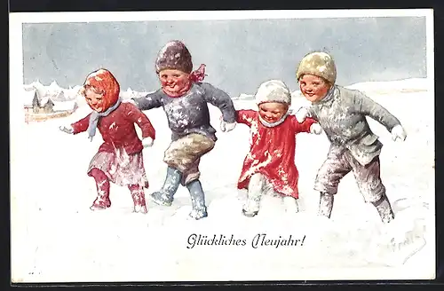Künstler-AK Karl Feiertag: Kinder spielen im Schnee zu Neujahr