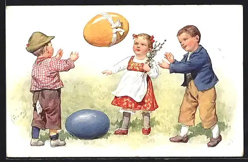 Künstler-AK Karl Feiertag: Kinder werfen sich ein grosses Osterei zu