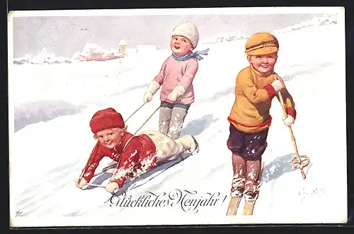 Künstler-AK Karl Feiertag: Kinder auf Skiern und mit Schlitten, Neujahrsgruss