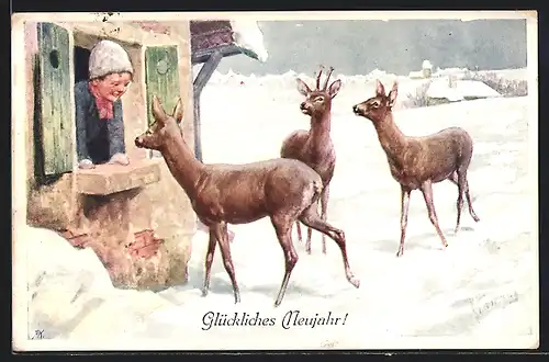 Künstler-AK Karl Feiertag: Bube begrüsst Rehe am Fenster, Winterlandschaft