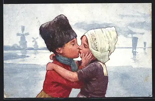 Künstler-AK Karl Feiertag: Sich küssendes Paar in holländischer Tracht