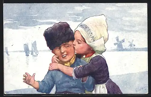 Künstler-AK Karl Feiertag: Holländisches Mädchen küsst Jungen
