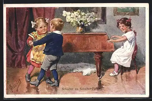 Künstler-AK Karl Feiertag: Kinder beim Tanz zum Klavier