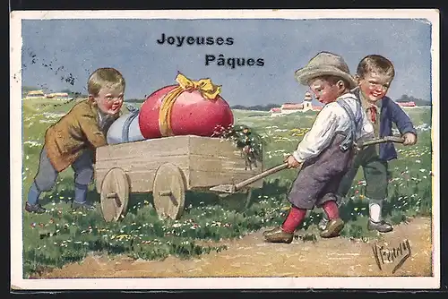 Künstler-AK Karl Feiertag: Ostergrüsse, Knaben mit Bollerwagen