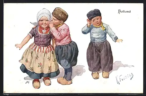 Künstler-AK Karl Feiertag: Junge flüstert Mädchen ins Ohr