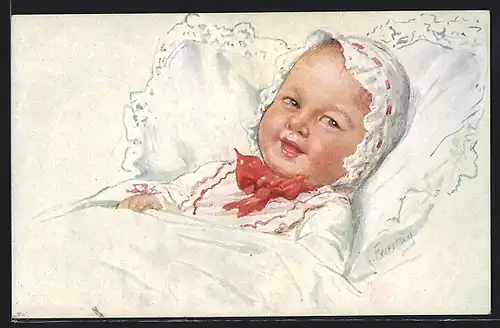 Künstler-AK Karl Feiertag: Kleinkind im Babybett