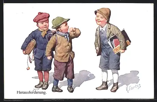 Künstler-AK Karl Feiertag: Schuljungen mit Ranzen und Heften