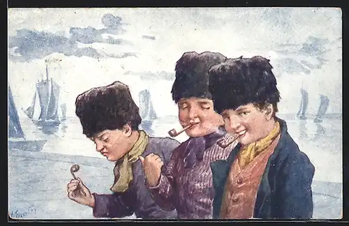 Künstler-AK Karl Feiertag: Jungen mit Pfeifen in dem Mündern mit Segelschiffen im Hintergrund