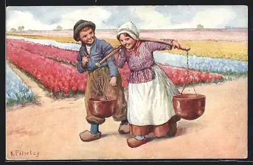 Künstler-AK Karl Feiertag: zwei Kinder in niederländischer Tracht in einem Blumenfeld