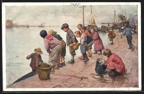 Künstler-AK Karl Feiertag: Venedig, Kinder stehen im Hafen auf der Zattere, Dampfer