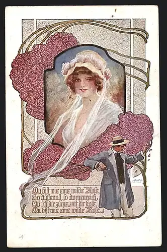 AK Deutscher Schulverein Nr. 1076: Frau mit Haube im Portrait, junger Mann pflückt Rosenblätter