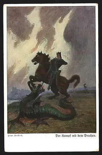 Künstler-AK Der Kampf mit dem Drachen, Nibelungen, Siegfried