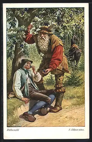 AK Rübezah schenkt als Jäger verkleidet einem alten Manne Pflaumen