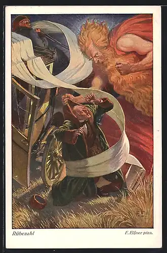 Künstler-AK sign.F. Elssner: Rübezahl hält den kommenden Kaufmann an und zwingt ihn die Weber besser zu bezahlen