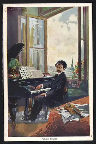 Künstler-AK Komponist Johann Strauss spielt Klavier