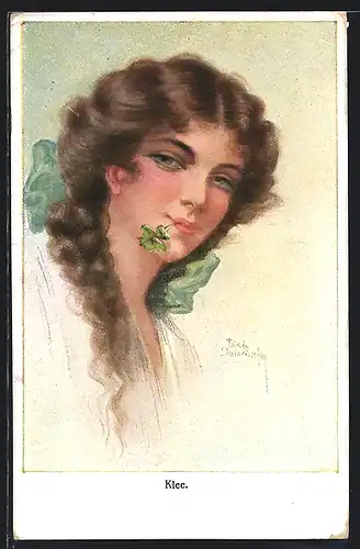 Künstler-AK Ruab Gnischaf: Junge Dame mit Kleeblatt im Mund