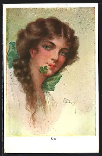 Künstler-AK Ruab Gnischaf: Junge Dame mit Kleeblatt im Mund