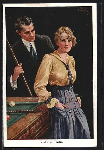 Künstler-AK Ruab Gnischaf: Mann und Frau beim Billard