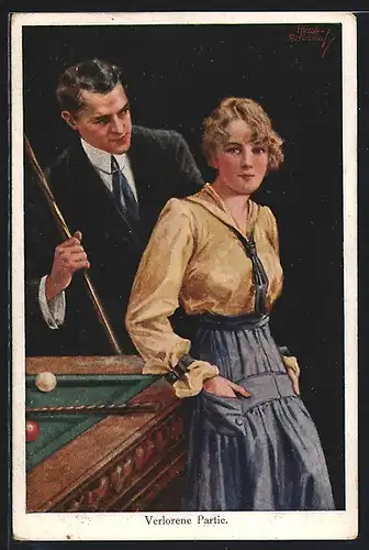 Künstler-AK Ruab Gnischaf: Mann und Frau beim Billard