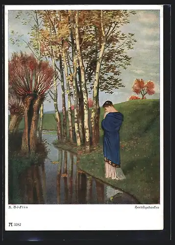 Künstler-AK Arnold Böcklin: Herbstgedanken, eine Frau steht nachdenklich am Bachufer bei den Birken