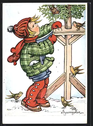 Künstler-AK Tilly von Baumgarten: Gute Freunde, Junge füttert die Vögel