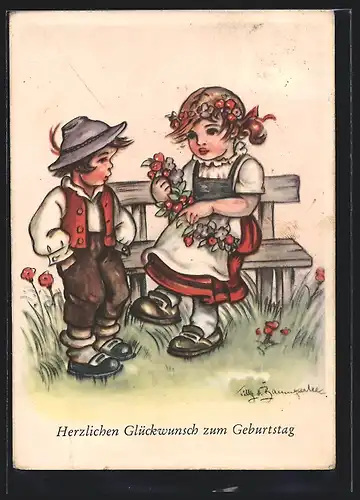 Künstler-AK Tilly von Baumgarten: Ein Kränzchen für Dich, Junge u. Mädchen in Trachtenkleidung mit einem Blumenkranz