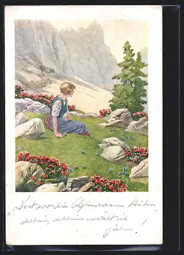 Künstler-AK W. Braun: Frau sitzt auf einer Blumenwiese