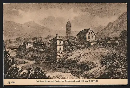 Künstler-AK Jena, Schillers Haus und Garten, gezeichnet von Goethe