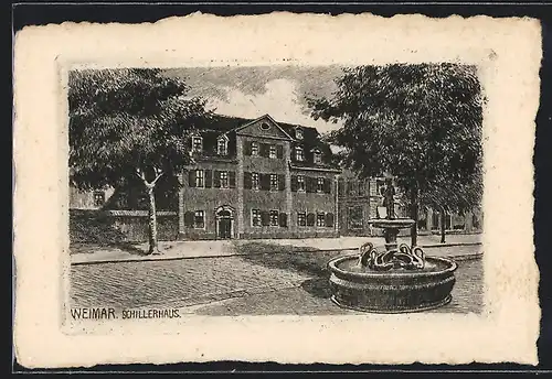 Künstler-AK Jena, Schillerhaus mit Springbrunnen