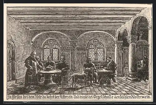 Künstler-AK Hirsau, Ritter und Mönche im Kloster beim Umtrunk