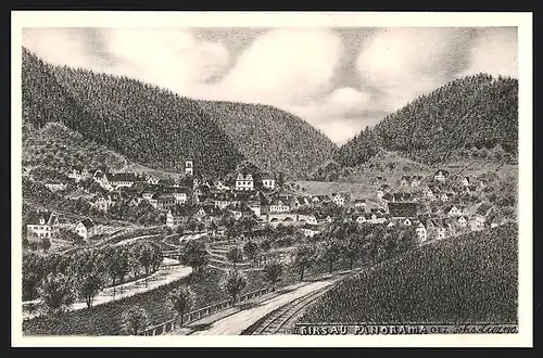 Künstler-AK Hirsau, Ortsansicht von einem Hügel aus