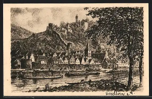 Künstler-AK Hirschhorn / Neckar, Ortsansicht mit Schloss