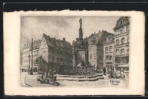 Künstler-AK Mainz, Markt mit Denkmal