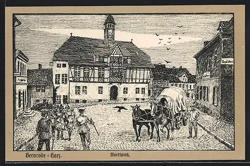 Künstler-AK Gernrode /Harz, Marktplatz mit Pferdewagen