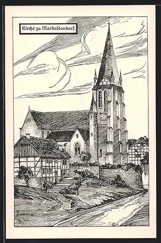 Künstler-AK Markoldendorf, Strassenpartie an der Kirche