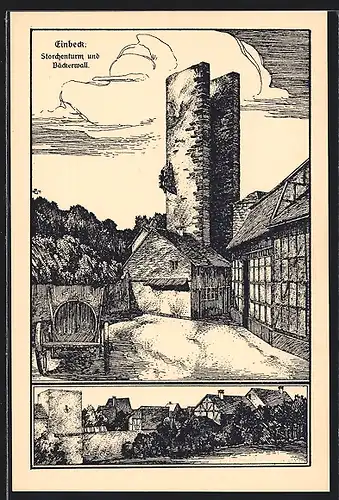 Künstler-AK Einbeck, Storchenturm und Bäckerwall, Ortspartie
