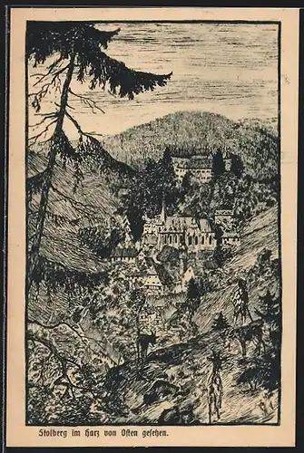 Künstler-AK Stolberg im Harz, Teilansicht von Osten gesehen